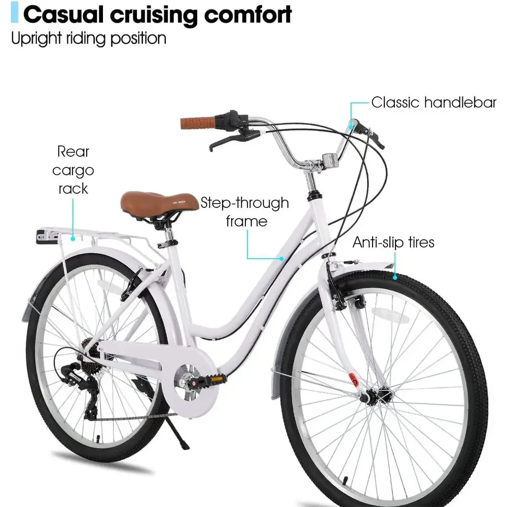 26インチ 7速ステップスルークルーザーバイク、男性と女性向 - Cycling Commute Speed のレビューと価格